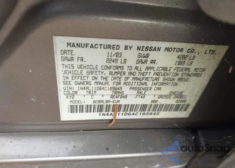 2004 Nissan Altima 2.5 S from USA, damaged, VIN 1N4AL11D64C165645